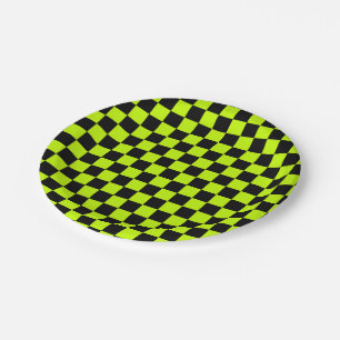 Acid green black checkerboard pattern paper plate