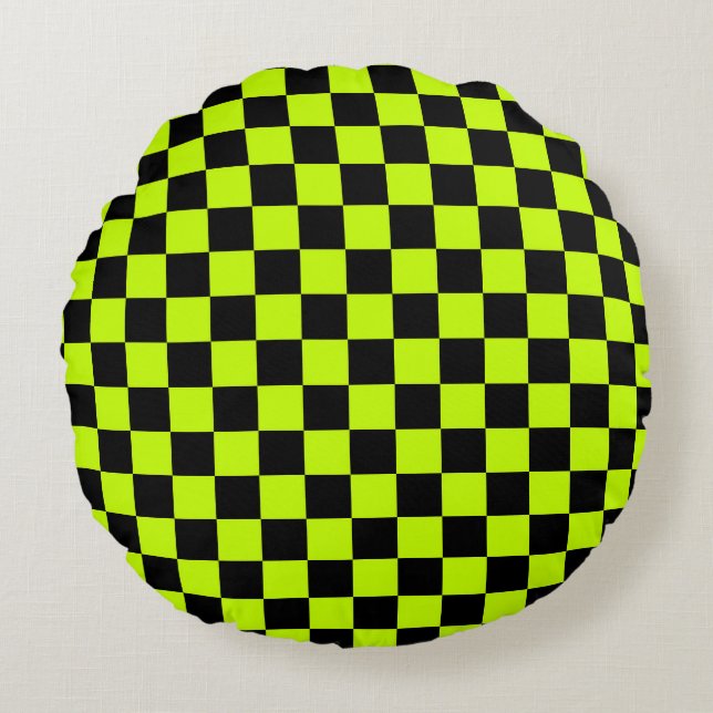 Acid green black checkerboard pattern round cushion (Front)