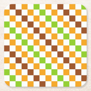Acid green black checkerboard pattern square paper coaster