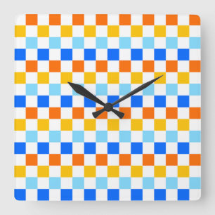 Acid green black checkerboard pattern square wall clock