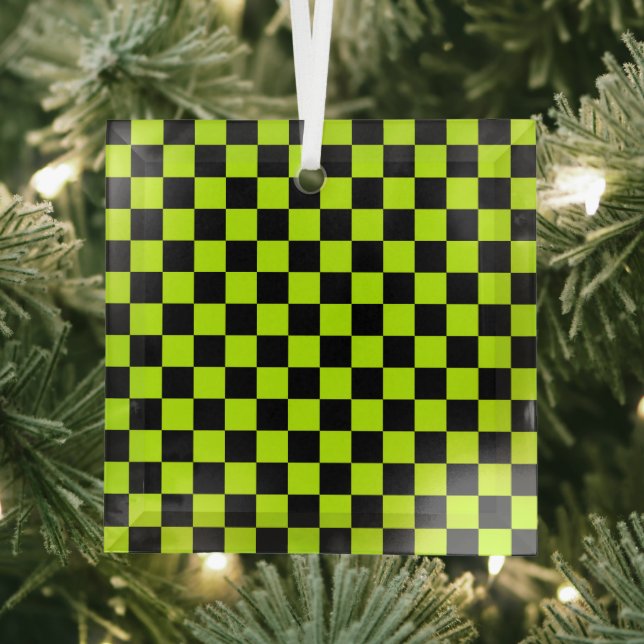 Acid green black chequerboard pattern glass tree decoration (Insitu)