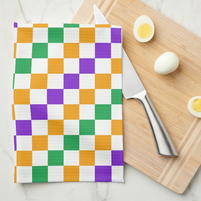 Acid green black chequerboard pattern kitchen towe tea towel (Quarter Fold)