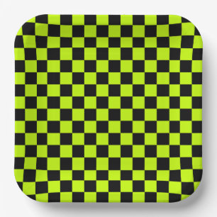 Acid green black chequerboard pattern paper plate