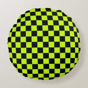 Acid green black chequerboard pattern round cushion