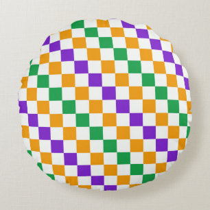 Acid green black chequerboard pattern round pillow