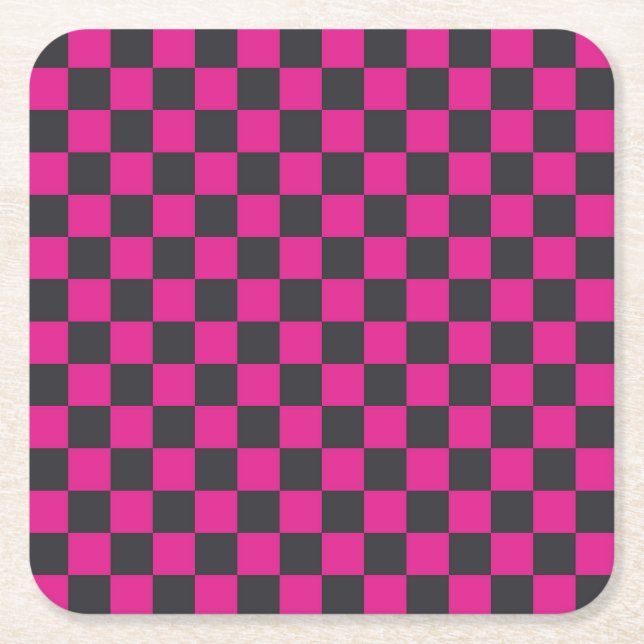 Acid green black chequerboard pattern square paper coaster (Front)