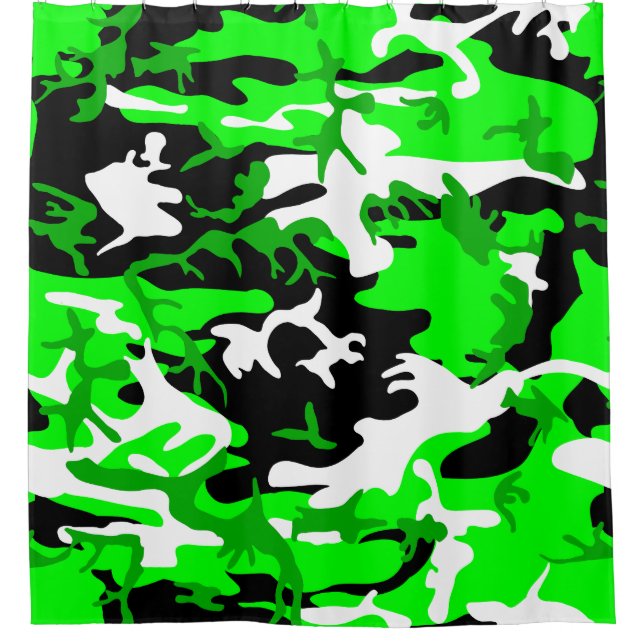 acid green camouflage black white camo shower curtain (Front)