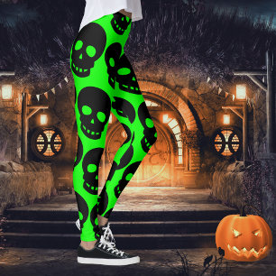 Acid Green Goth Big Black Skulls Leggings