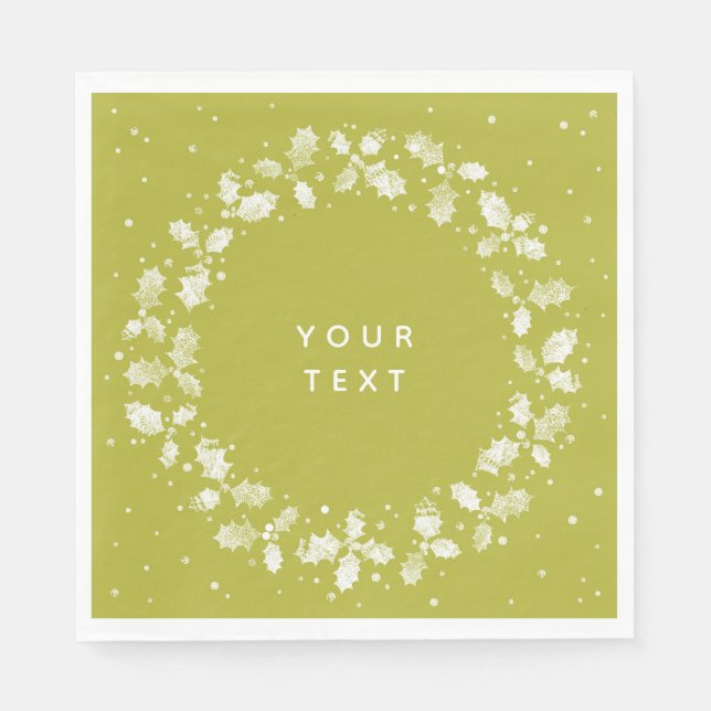 Acid Green Hand Printed Holly Wreath Christmas Napkin (Front)