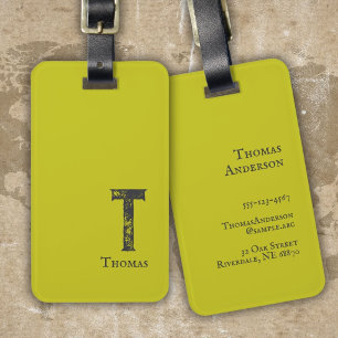 Acid green solid colour grey initials and name luggage tag