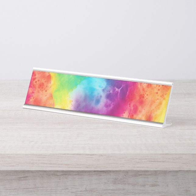 Acid neon rainbow tie dye desk name plate (Front)