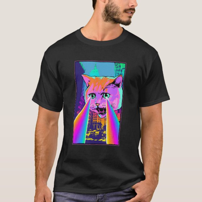 Acid Pixie Laser Cat in the City Psychedelic Tripp T-Shirt (Front)