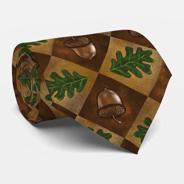 Acorn and Oak Leaf Chequerboard Pattern Tie (Rolled)