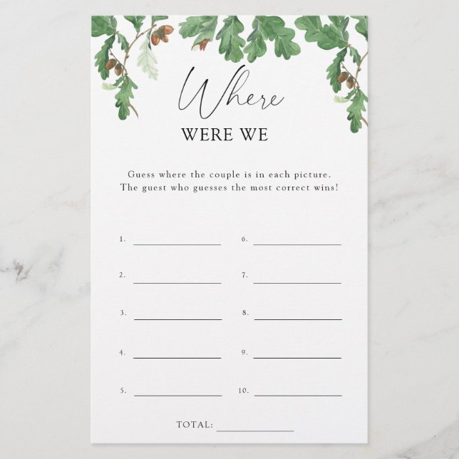 Acorn branch - Where were we bridal shower game (Front)