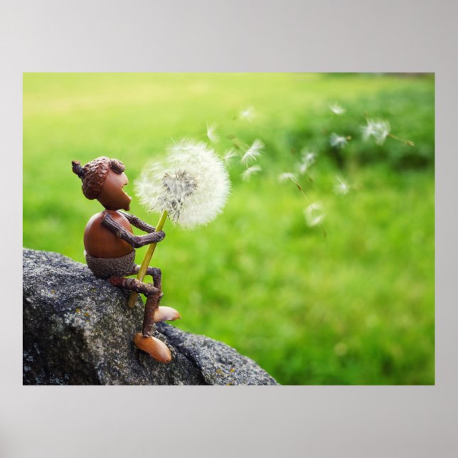 Acorn elf blows into dandelion poster (Front)