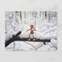 Acorn elf eating snow - winter postcard