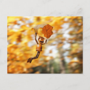 Acorn elf flying on the oak autumn leaf postcard