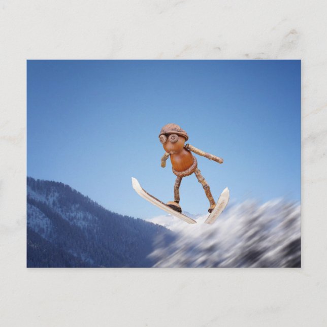 Acorn elf flying on the skis winter postcard (Front)