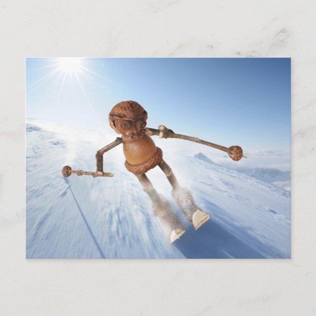 Acorn elf skiing on the snow winter postcard (Front)