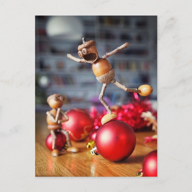 Acorn elves balancing on Christmas ball- Christmas Postcard (Front)