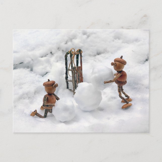 Acorn elves building a snowman winter postcard (Front)