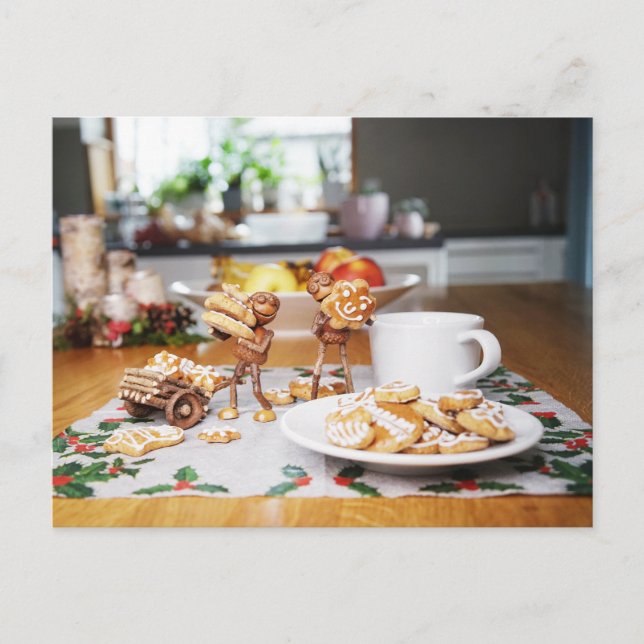 Acorn elves eat and steal Christmas gingerbreads  Postcard (Front)