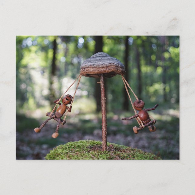 Acorn elves playing on the carousel postcard (Front)