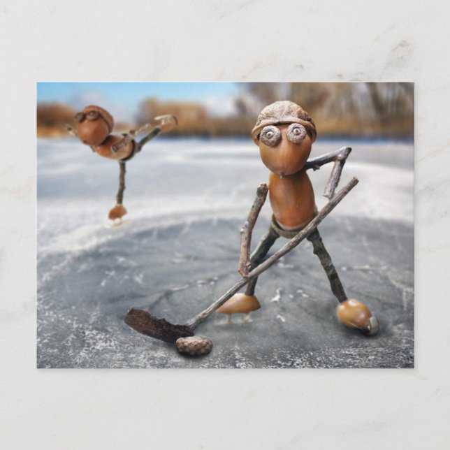 Acorn elves playing on the ice winter postcard (Front)