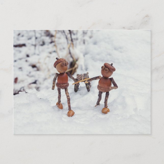 Acorn elves ride on a sleigh winter postcard (Front)