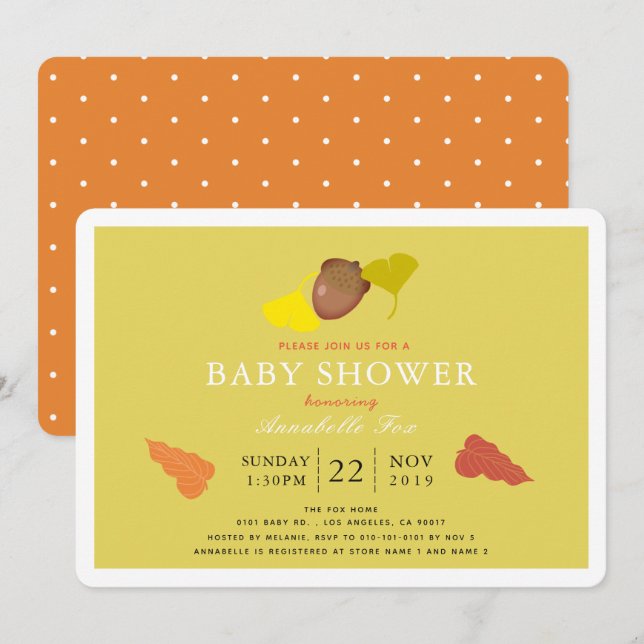 Acorn & Fall Ginkgo Leaves Baby Shower Invitation (Front/Back)