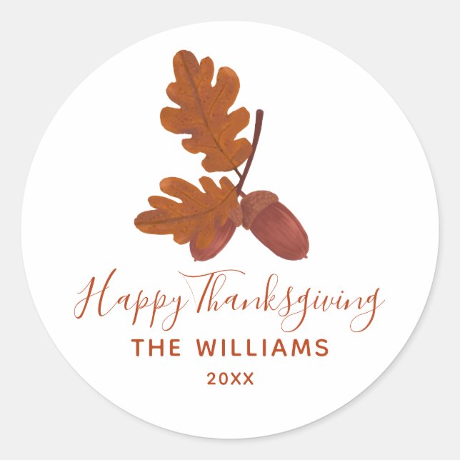 Acorn "Happy Thanksgiving" Personalised   Classic Round Sticker (Front)
