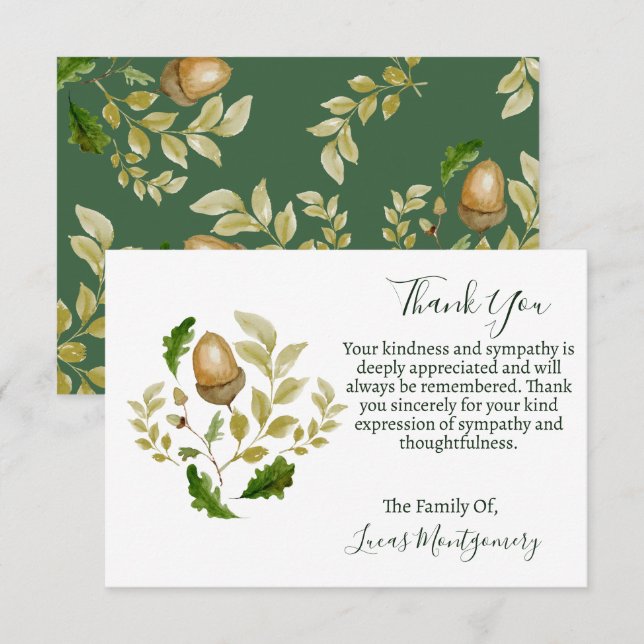 Acorn Oak Funeral Thank You, Sympathy   Card (Front/Back)