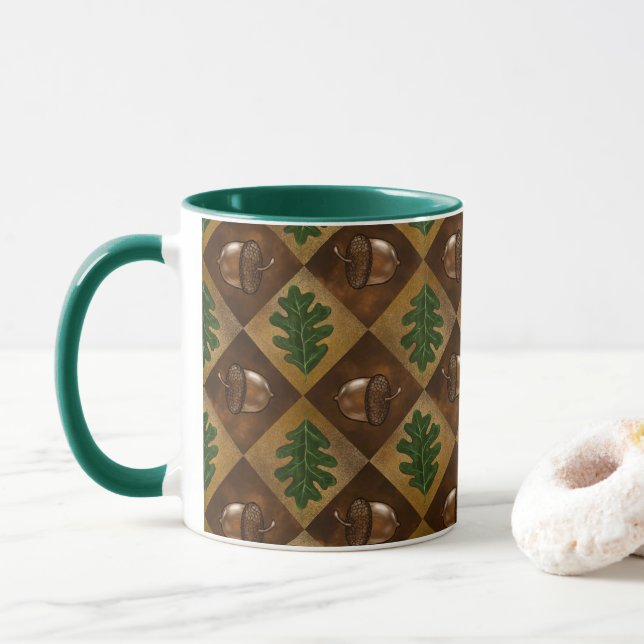 Acorn Oak leaf Chequerboard pattern Mug (With Donut)
