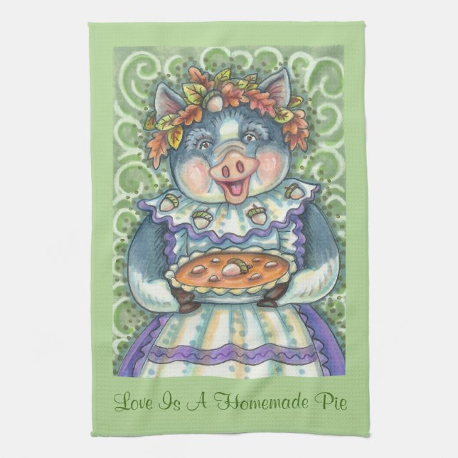 ACORN & SQUASH PIE, THANKSGIVING PIG KITCHEN TOWEL (Vertical)