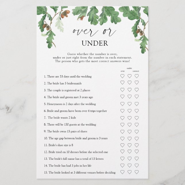 Acorn tree - Over or under bridal shower game (Front)