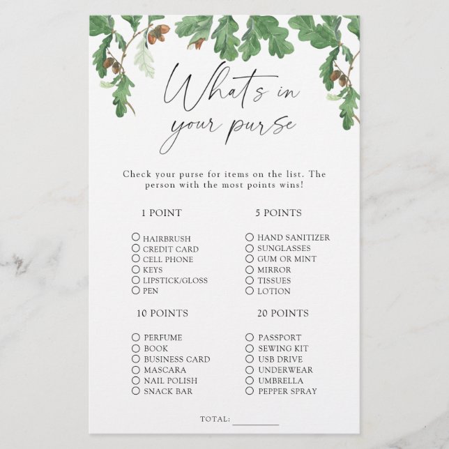 Acorn tree - What's in your purse game (Front)