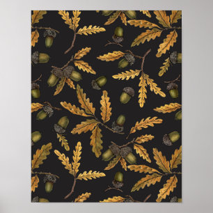 Acorns and oak leaves on black poster