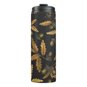 Acorns and oak leaves on black thermal tumbler