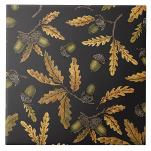 Acorns and oak leaves on black tile