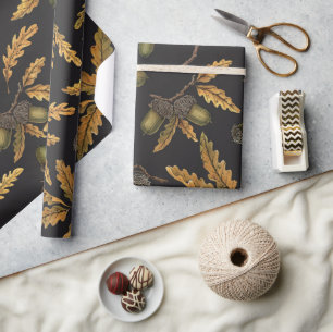Acorns and oak leaves on black wrapping paper