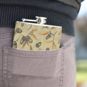 Acorns and oak leaves on ecru hip flask