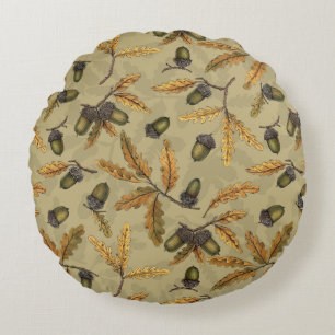 Acorns and oak leaves on ecru round cushion