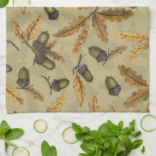 Acorns and oak leaves on ecru tea towel