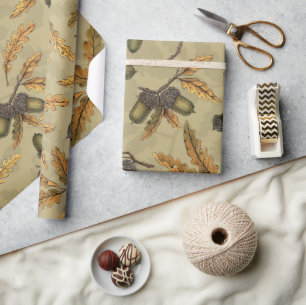 Acorns and oak leaves on ecru wrapping paper
