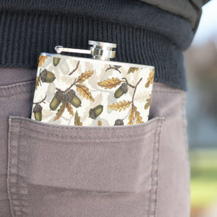 Acorns and oak leaves on off white hip flask