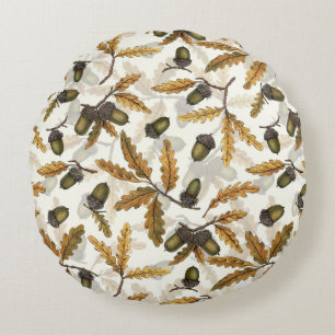 Acorns and oak leaves on off white round cushion