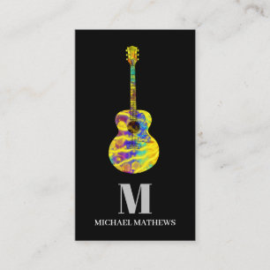 Acoustic electric guitar music teacher Monogram Business Card