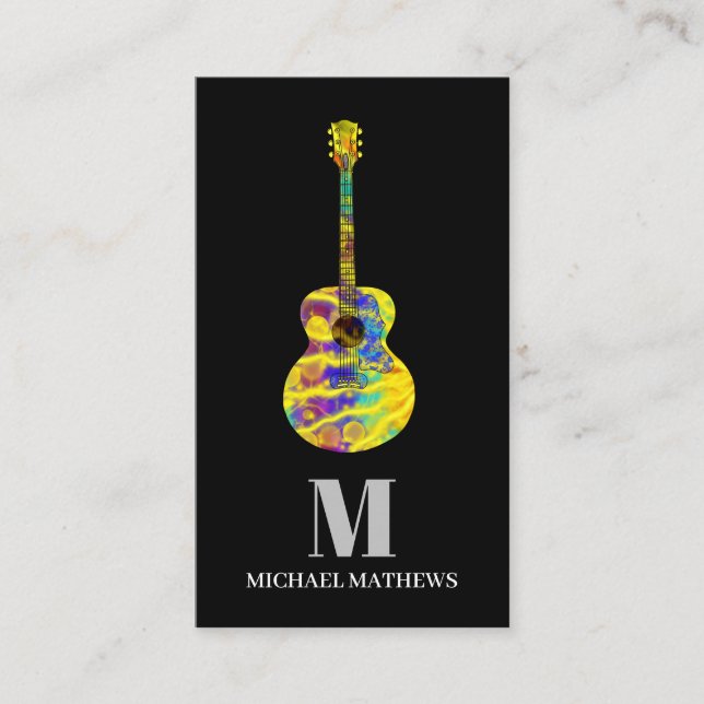 Acoustic electric guitar music teacher Monogram Business Card (Front)