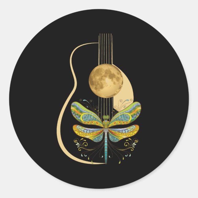 Acoustic Guitar Artistic Dragonfly Music Classic Round Sticker (Front)