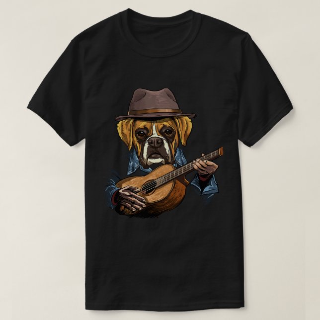 Acoustic Guitar Boxer Guitar Player Dog Guitarist  T-Shirt (Design Front)